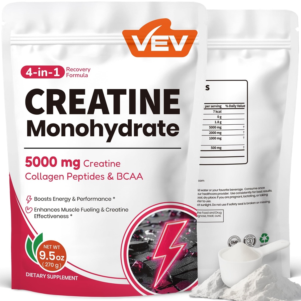 VEV Creatin monohydrat til kvinder pulver 5000 mg med kollagen & BCAAs 2: 1: 1 - Creatin til kvinder, understøtter muskel definition, inddrivelse & energi - Unflavored, Sugar- Free, 9,5 oz, 30 Servering