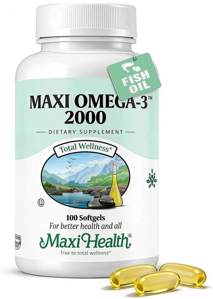 Maxi Health Omega 3 Fish Oil 2000mg - Fish Oil Omega 3 Kosher Omega3 Supplement til Hjælp Støtte Samlet Wellness (100 Softgels)