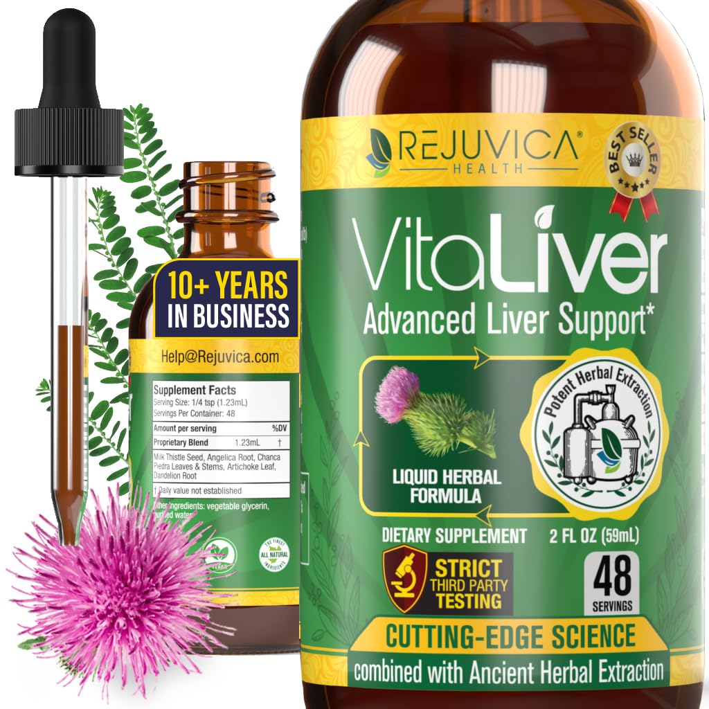 Rejuvica Health VitaLiver • 124; Lever Rengøring & Detox Drops • 124; Milk Thistle, Artiskoke, Chanca Piedra & Dandelion Extract • 124; Fede Lever Support Reparation supplement til mænd & kvinder • 124; 1 + Måneder Supply
