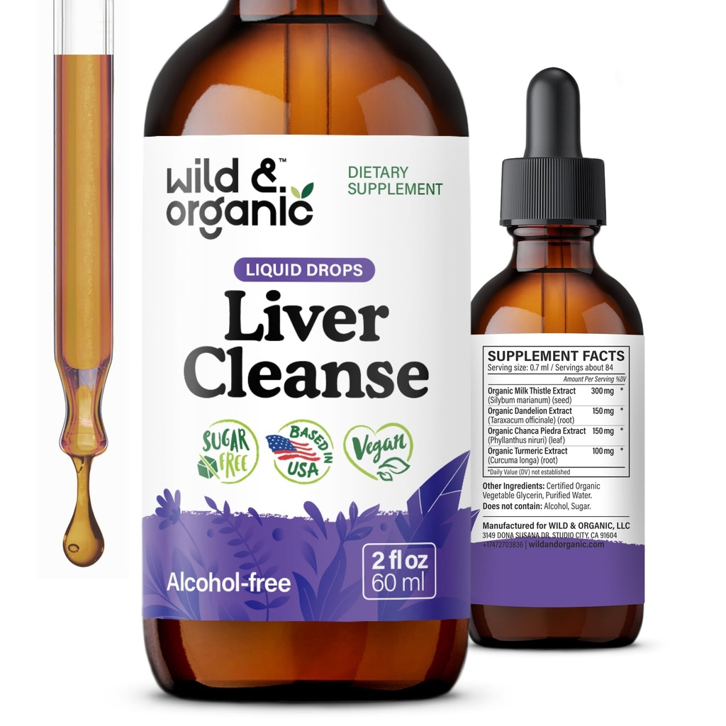 Wild & Organic Lever Cleanse Tinktur - Lever Detox Formel med mælk tidsel, Mælkebøtte Root, Chanca Piedra Stone Breaker Extract - Herbal Supplement - Vegan, Sukker & Alkohol- Free Liquid Drops - 2 oz