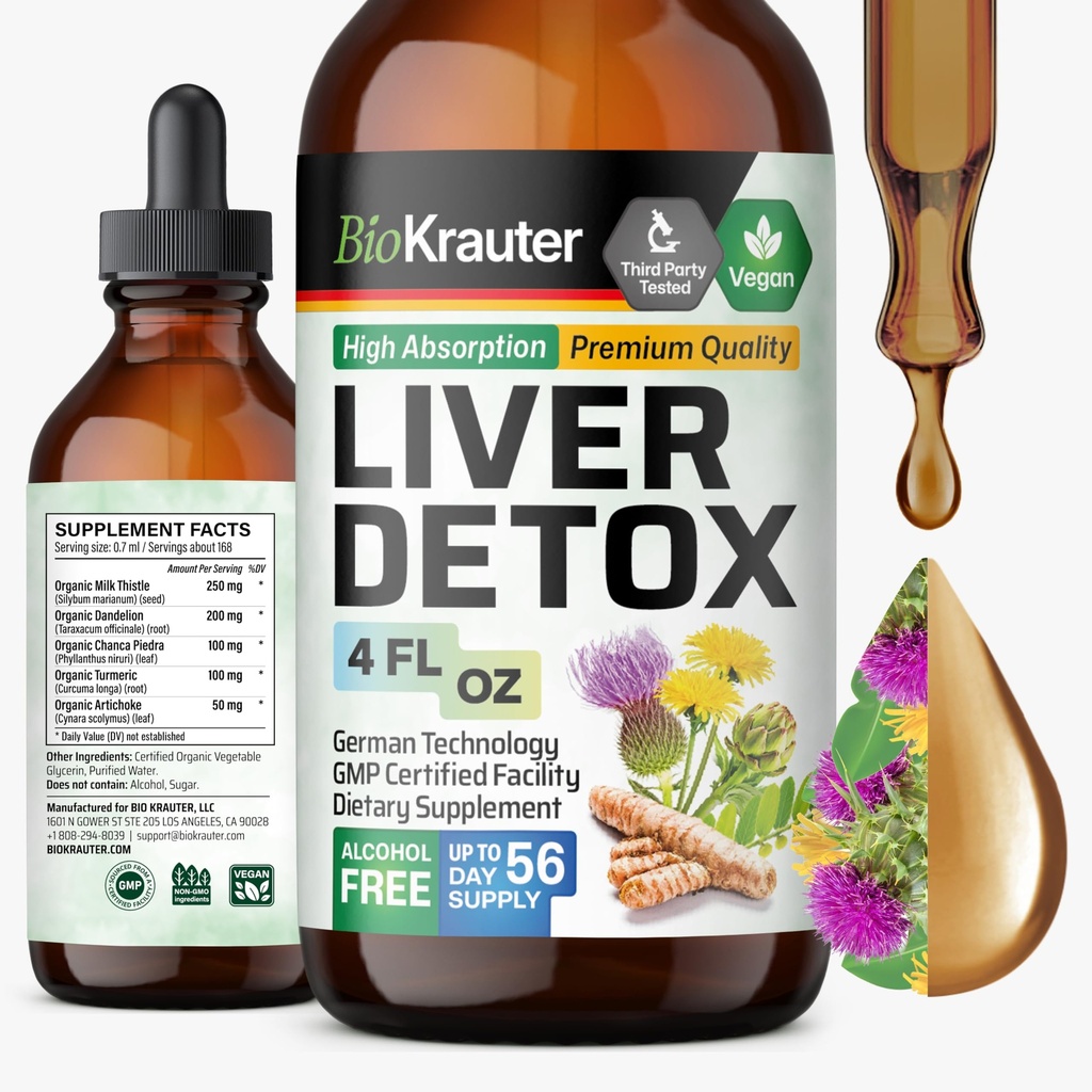 BIO KRAUTER ® Lever Rengøring Detox & reparation * - Vegansk flydende leverstøtte med Milk Thistle, Chanca Piedra, gurkemeje, Mælkebøtte Root & Artiskoke 700 mg - 4 Fl.Oz 56- dag for levering - Alkohol & sukker fri