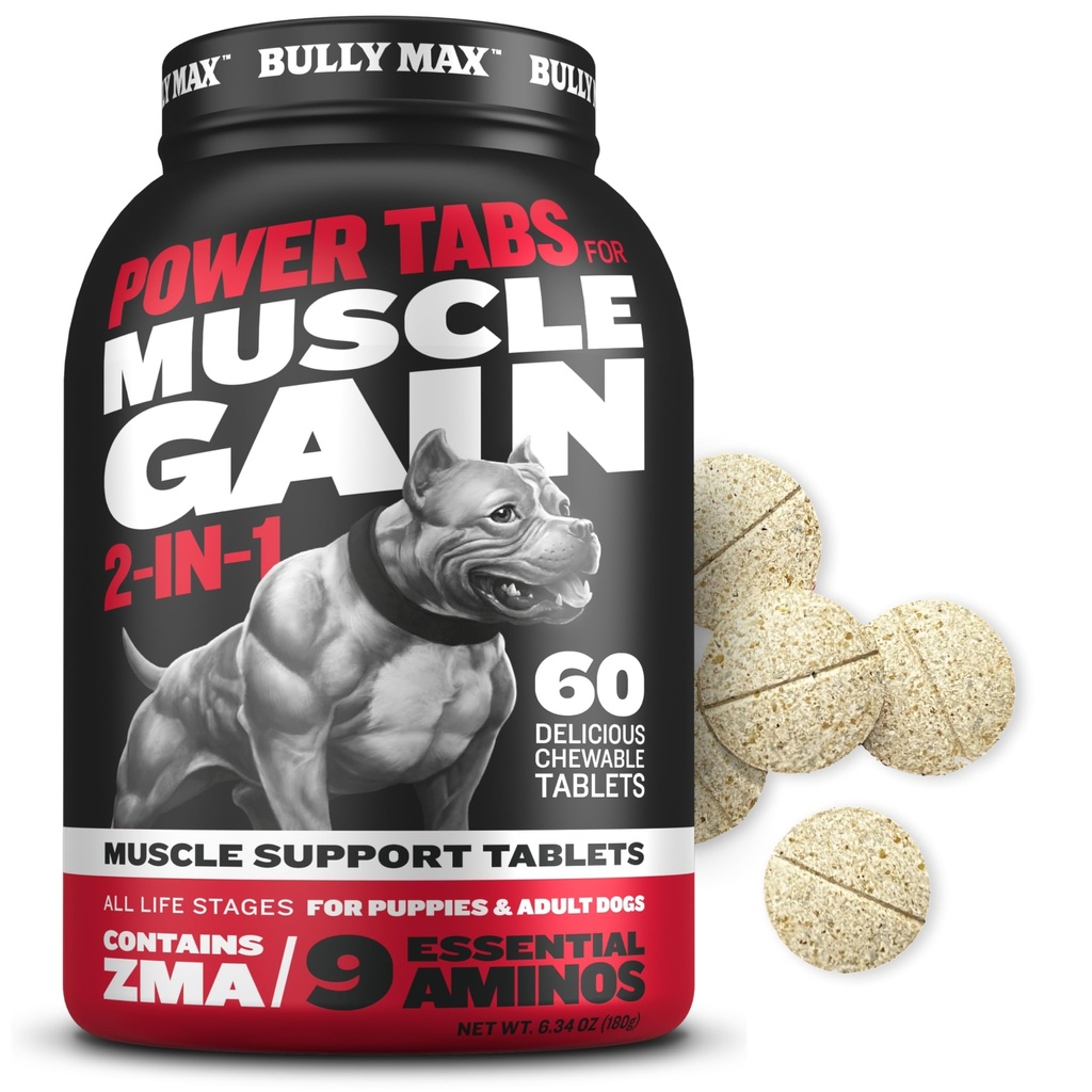 Bully Max 2- in-1 Muscle Builder Chewable Tablets for Hvalpe & Voksne Hunde - Puppy & Hundevitaminer & Kosttilskud til Muscle Gain & Growth - Ultimate Canine Multivitaminer til alle racer & aldre - 60 Tabs