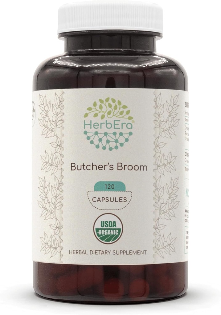 HerbEra Slagterum USDA Organic 120 Kapsler 124; Naturlige Urter Supplement øb 124; Certified Organic Vegetar Kapsler og Organic Slagterum (Ruscus aculeatus) Tørret rod (120 Kapsler)