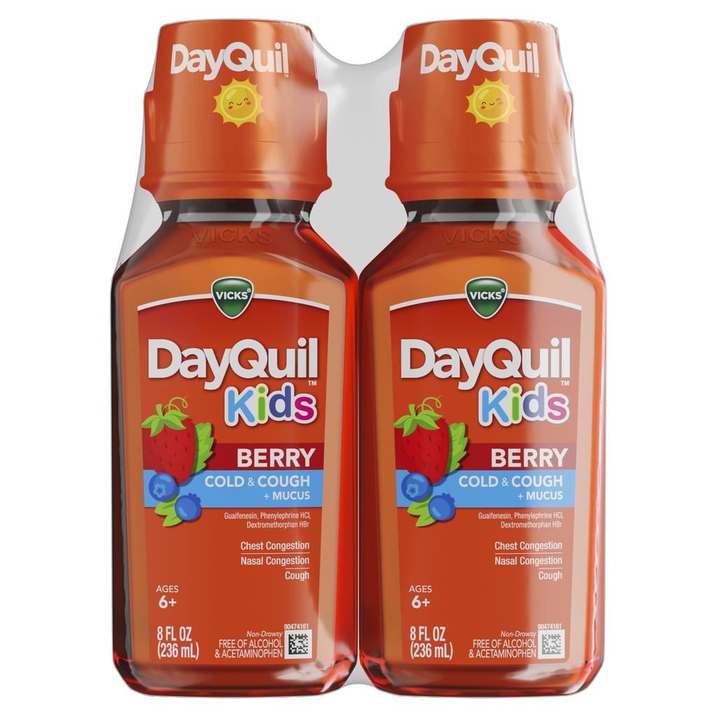 Vicks Kids DayQuil Berry Cold & Hough Medicine Co- Pack, Daytime Relief of Multiple Symptomer, Great- Tasting Berry Flavor, Free of Alcohol & Acetaminophen, For Age 6 +, 2x8oz