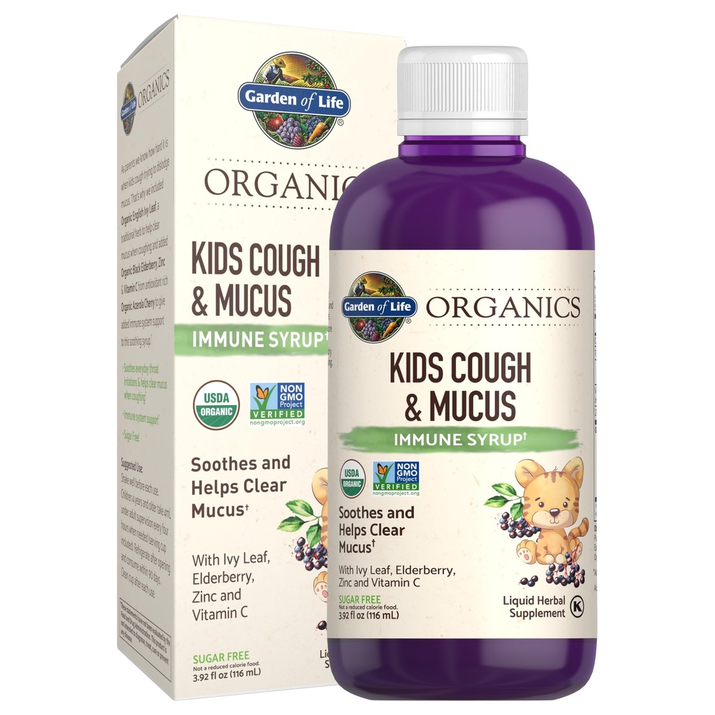 Have of Life Organics Elderberry & Zink til børns immunforsvar, Kids Cough & Mucus immunsyrup med Ivy Leaf, C-vitamin og Echinacea til børn, Alkohol- fri, Ingen Tilføjet sukkerarter, 3.92 fl oz