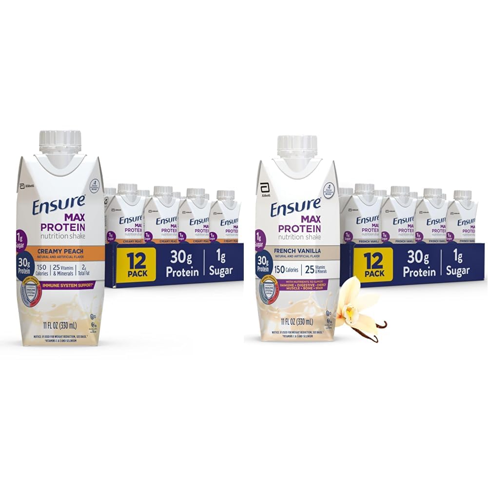 Sikre Max Protein Nutrition Shake med 30g Protein, 1g Sukker, High Protein Shake, Cremet Peach & French Vanilla, Flydende, 11 fl oz (pakke med 12)
