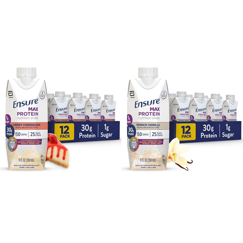 Sikre Max Protein Nutrition Shake med 30g Protein, 1g Sukker, High Protein Shake, Cherry Cheesecake & Fransk Vanilla, 11 fl oz, Pack of 12