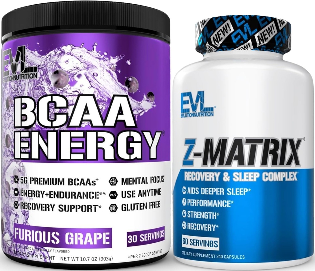 Evolution ZMatrix Magnesium og Zink Post Workout Supplement (60 Servere) Plus Replenishing BCAAs Aminosyrer Pulver til Pre & Post Workout (Grape, 30 Servere)
