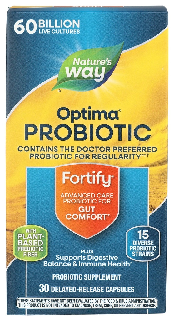 Nature's Way Fortify Optima Probiotic for Adults, 60 Billion Live Cultures, 15 Strains, Gut Comfort*, Supports Digestive Balance and Immune Health*, Keep Refrigerated, 30 Capsules (Packaging May Vary)