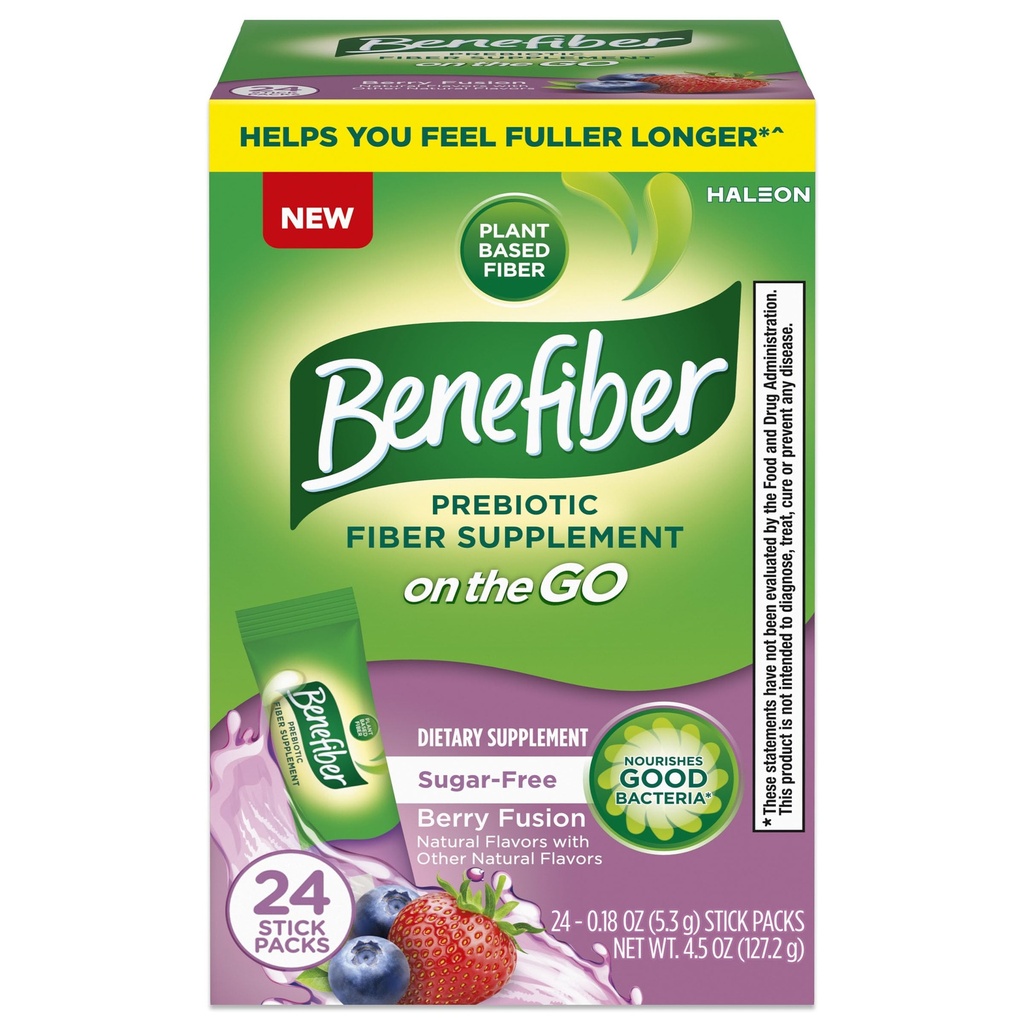 Benefiber GLP-1 Friendly Fiber Supplement, Berry Fusion, På Go Stick Packs, 24 Greve