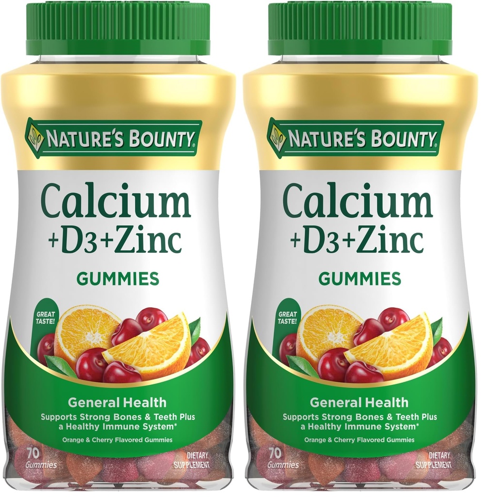 Nature 's Bounty Calcium + D3 + Zink Gummies, Understøtter stærke knogler & tænder Plus et sundt immunsystem, 500mg, Orange og Cherry Flavored, 70 Gummies (pakke med 2)