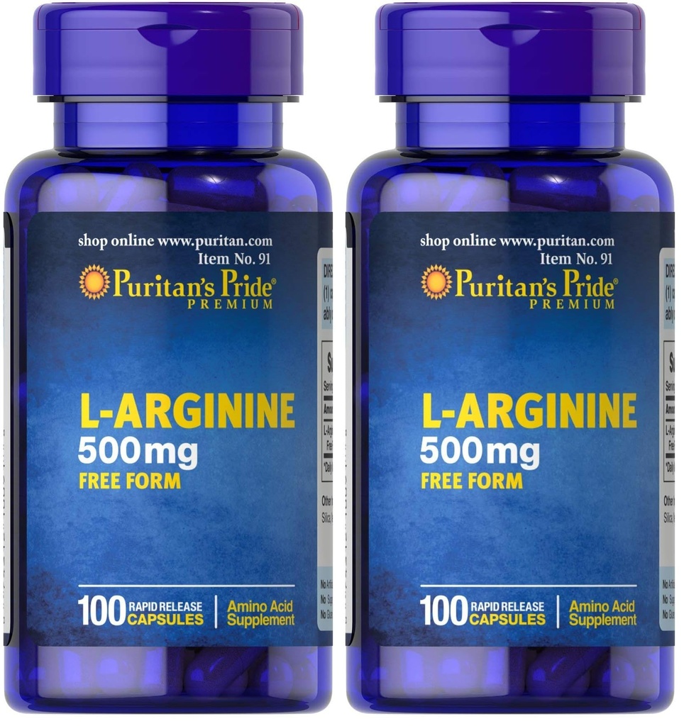 Puritans Pride L- arginin 500 mg, Heart Health Support, 100 Greve (pakke med 2)