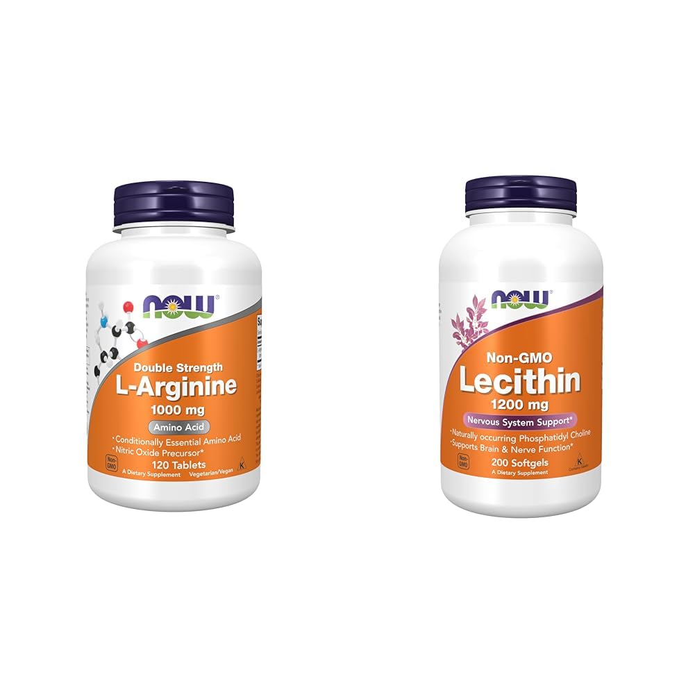 Now Supplements, L- Arginin 1000 mg, Nitrogenoxid Precursor *, Aminosyre, 120 tabletter & Kosttilskud, Lecithin 1200 mg med naturligt occurring Phosphatidylcholin, 200 Softgel