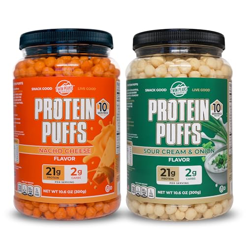 Twin Peaks Low Carb, Keto Friendly Protein Puffs Combo Pack, 1 Jug Sour Cream Flavor Puffs + 1 Jug Nacho Ost Flavor Puffs