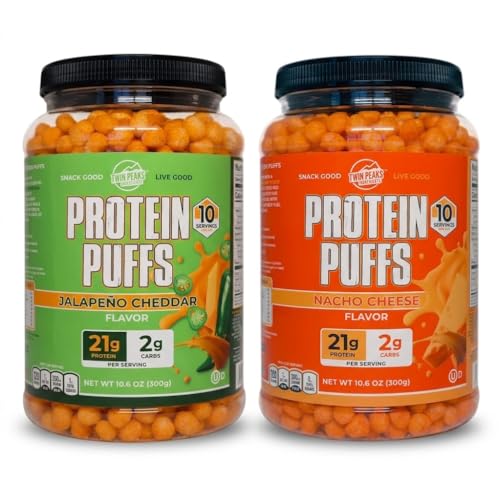Twin Peaks Protein Puffs Variety Pack (Nacho Cheese & Jalapeño Cheddar) - Keto Friendly, Lav Carb Snack (300g Hver), 21g Protein, 2g Net Carbs, Crunchy High- Protein Snack