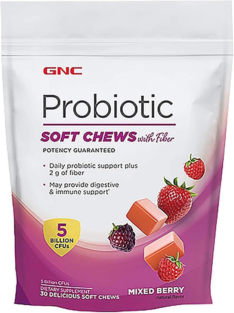 GNC Probiotiske Soft Chews med Fiber - Blandet Berry, 30 Chews, Understøtter fordøjelse og immunforsvar