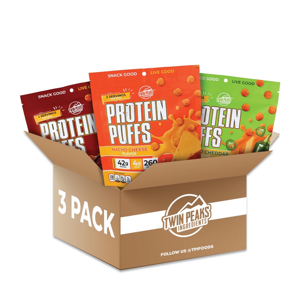 Twin Peaks Ingredienser Lav Carb, Keto Friendly Protein Puffs, (Variety Pack, 2.1 Ounce), 2 Servere, 3 Pack (60g, 42g Protein, 4g Carbs)