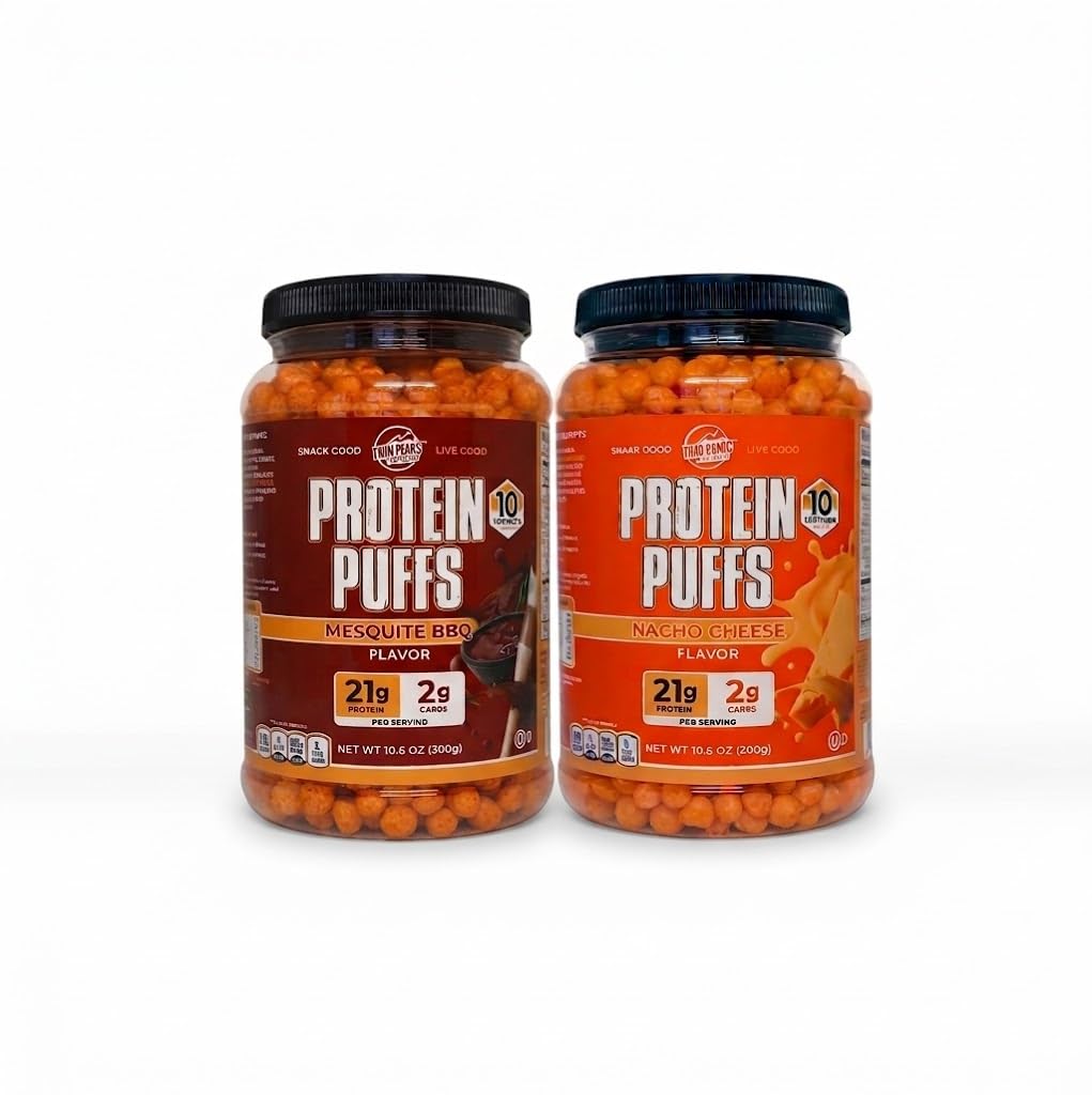Twin Peaks Protein Puffs Variety Pack (Nacho Cheese & Mesquite Barbecue) - Keto Friendly, Low Carb Snack (300g Hver), 21g Protein, 2g Net Carbs, Crunchy High- Protein Snack