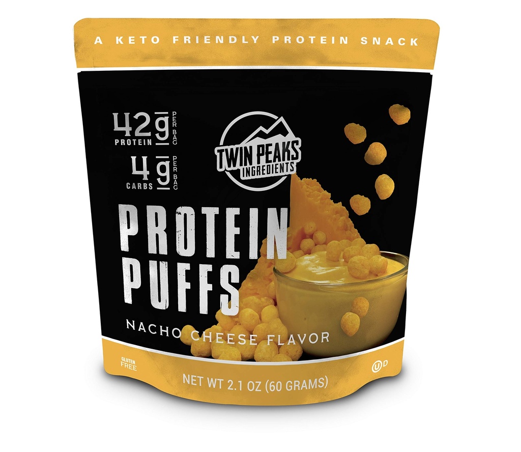 Twin Peaks Low Carb, Keto Friendly Protein Puffs, Nacho Ost 2 Servere, 3 Pack (60g, 42g Protein, 4g Carbs)