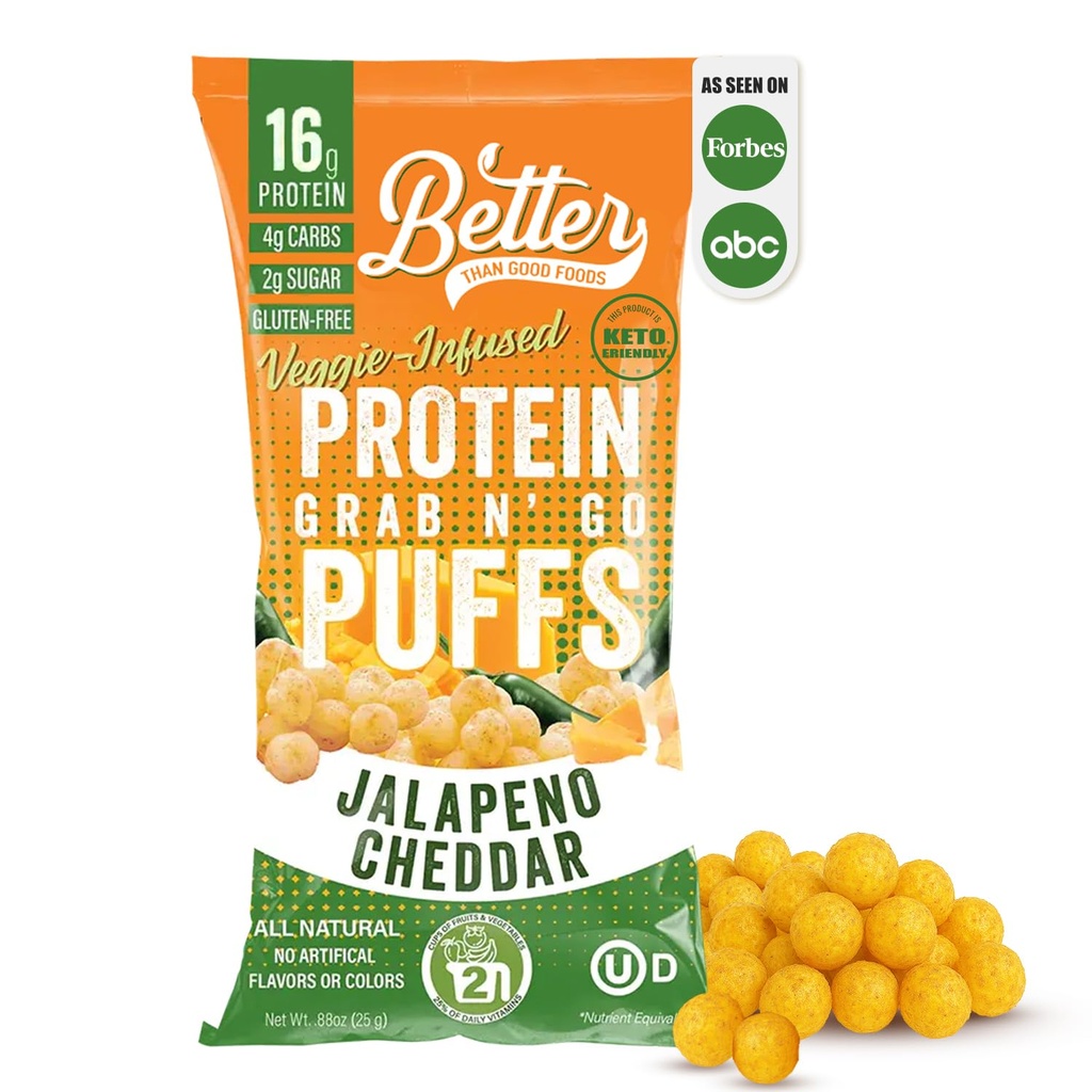 Bedre end Good Savory Keto Jalapeno Cheddar Protein Puffs124; Gluten- Free -16g Protein, Lavsukker, Lavkalorie, Diabetic Friendly Snacks