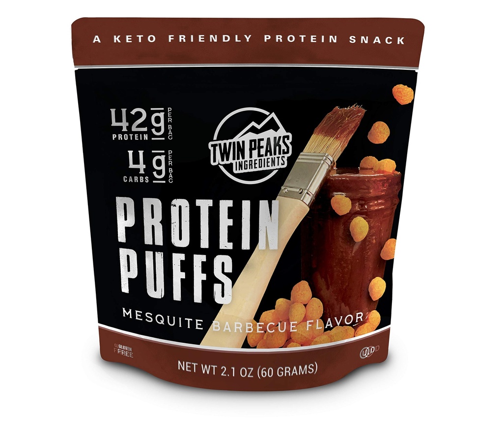 Twin Peaks Low Carb, Keto Friendly Protein Puffs, Mesquite Barbecue 2 Servere, 3 Pack (60g, 42g Protein, 4g Carbs, 120 Cals)