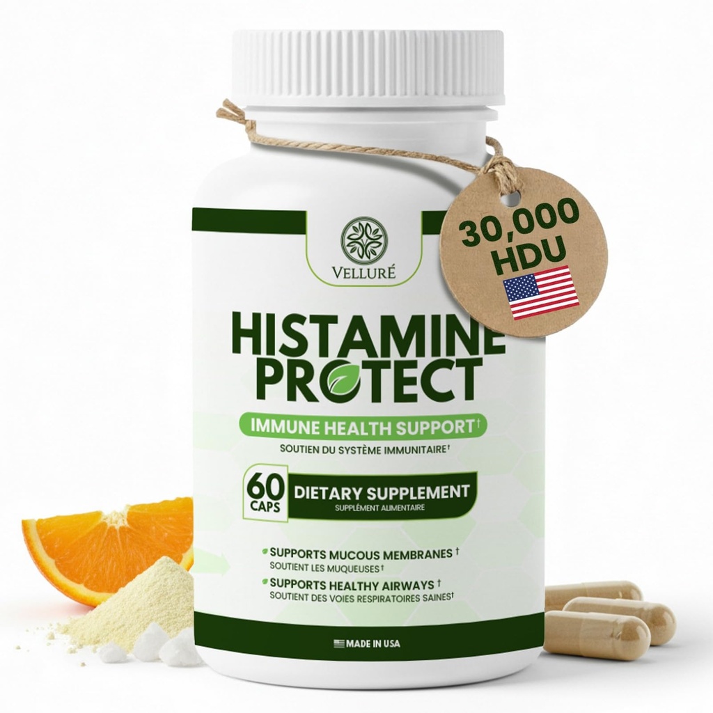 DAO Enzyme Supplement Histamin Blocker, 30.000 HDU diamin oxidase for Histamin Intolerance & Gmenterede fødevarer, Gut & fordøjelsesstøtte med Quercetin, Magnesium & C-vitamin, 60 kapsler