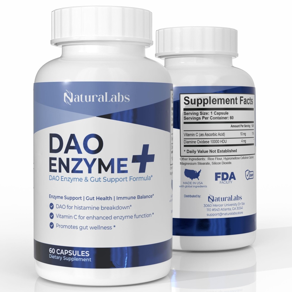 DAO Kosttilskud Histamine Blocker - DAO Enzyme + Diaminoxidase & C-vitamin til Gut Health & Food Support - 60 Servering - 1 Kapsel Før Måltider for Histamine Intolerance