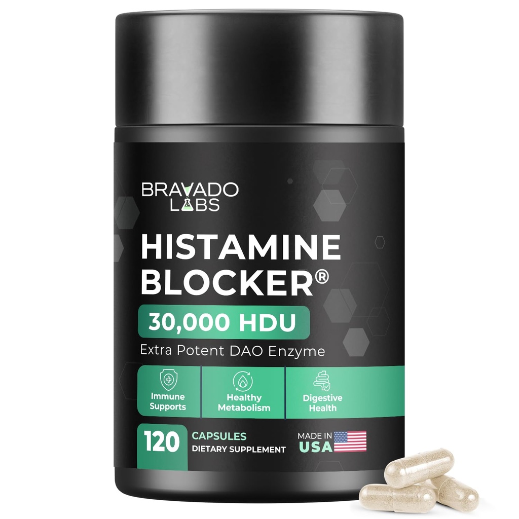 Bravado Labs DAO Kosttilskud Histamine Blocker - Ekstra styrke 30.000 HDU DAO Enzyme + Diaminoxidase & C-vitamin til daglig Histamine Metabolisme & immunforsvar - 120ct