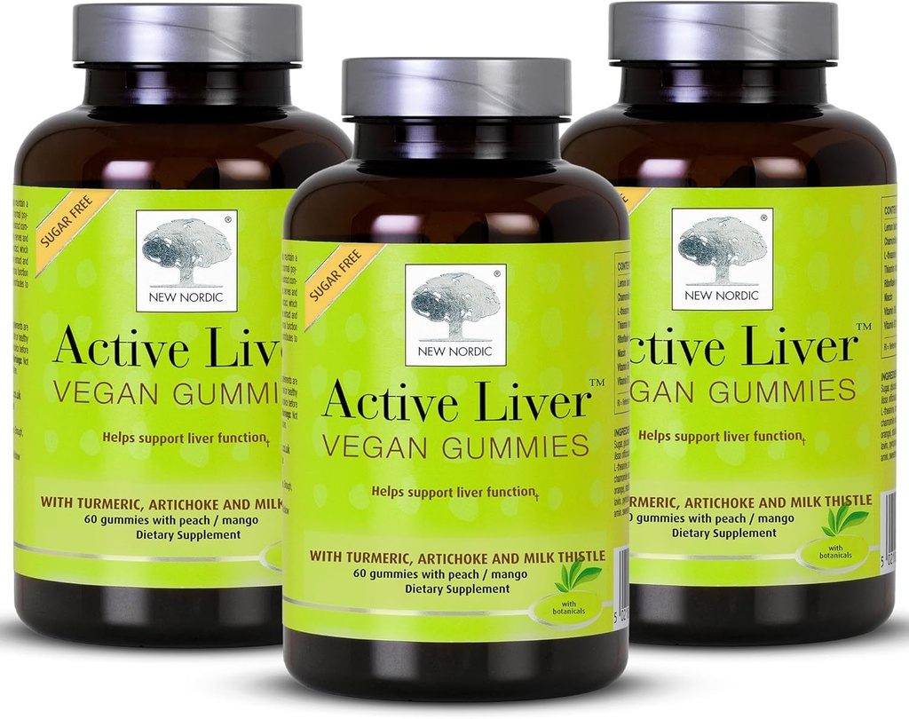 New Nordic Active Lever Gummies, Milk Thistle, Artichoke & Turmerisk Supplement, Natural Peach & Mango Flavor, Sugar Free & Vegan, 60 Greve (Pack of 3)
