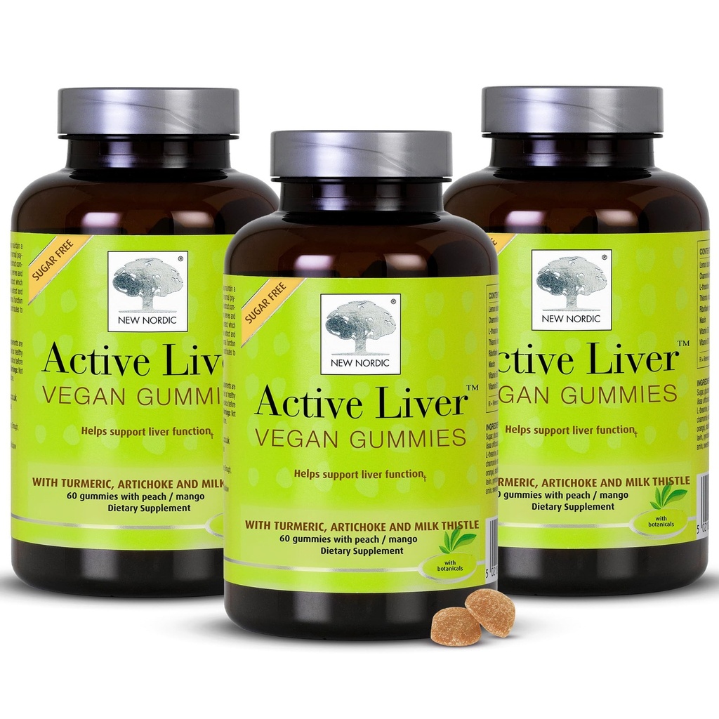 New Nordic Active Lever Gummies, Milk Thistle, Artichoke & Turmerisk Supplement, Natural Peach & Mango Flavor, Sugar Free & Vegan, 60 Greve (Pack of 3)