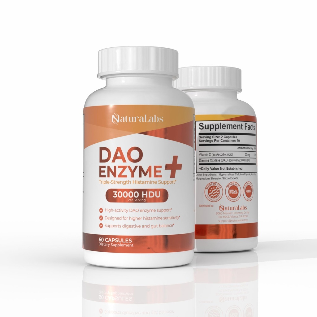 DAO Enzyme + Histamin Blocker - Triple- Strength 30.000 HDU Formel - DAO Enzyme Kosttilskud med C-vitamin - Histamin Intolerance fordøjelsesstøtte - 60 kapsler