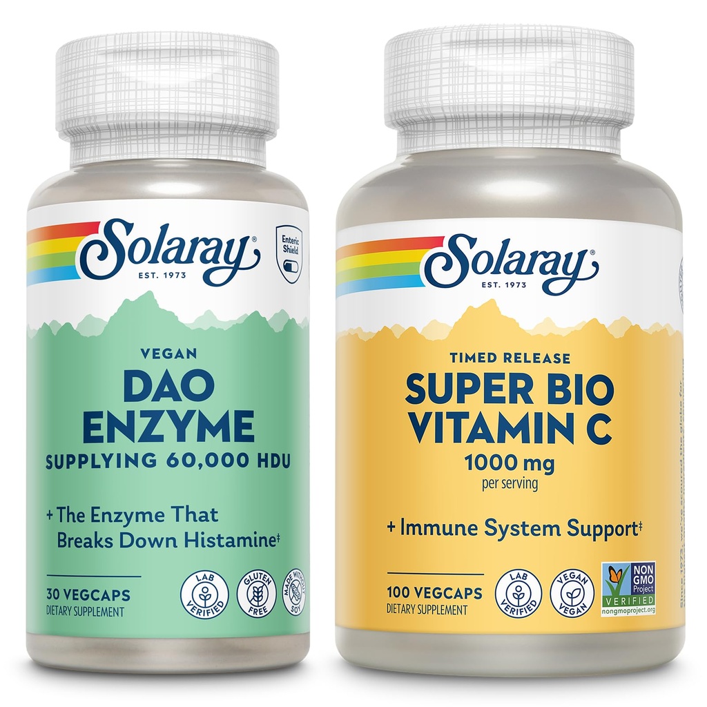 SOLARAY DAO Enzyme og Super Bio Vitamin C 1000mg - fordøjelige enzymer til at bryde ned Histamin - Timet Release VIT C w / Bioflavonoider immunsupport supplement, Vegan, 60- dag garanti, 30 / 50 Servering