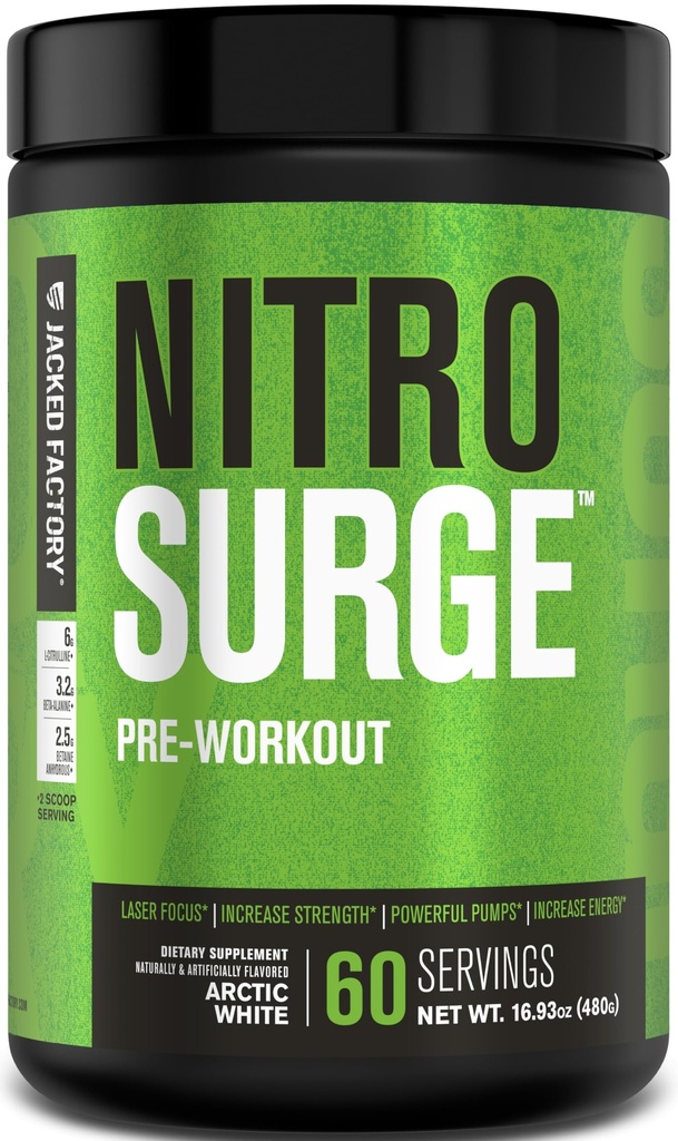 Jacked Factory NITROSURGE Pre Workout Supplement - Endeløs energi, Instant Strength Gains, Clear Focus, Intensive Pumper - NO Booster & Kraftfuld Preworkout Energy Powder - 60 Servere, Arctic White