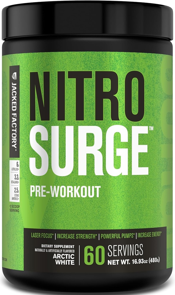 Jacked Factory NITROSURGE Pre Workout Supplement - Endeløs energi, Instant Strength Gains, Clear Focus, Intensive Pumper - NO Booster & Kraftfuld Preworkout Energy Powder - 60 Servere, Arctic White