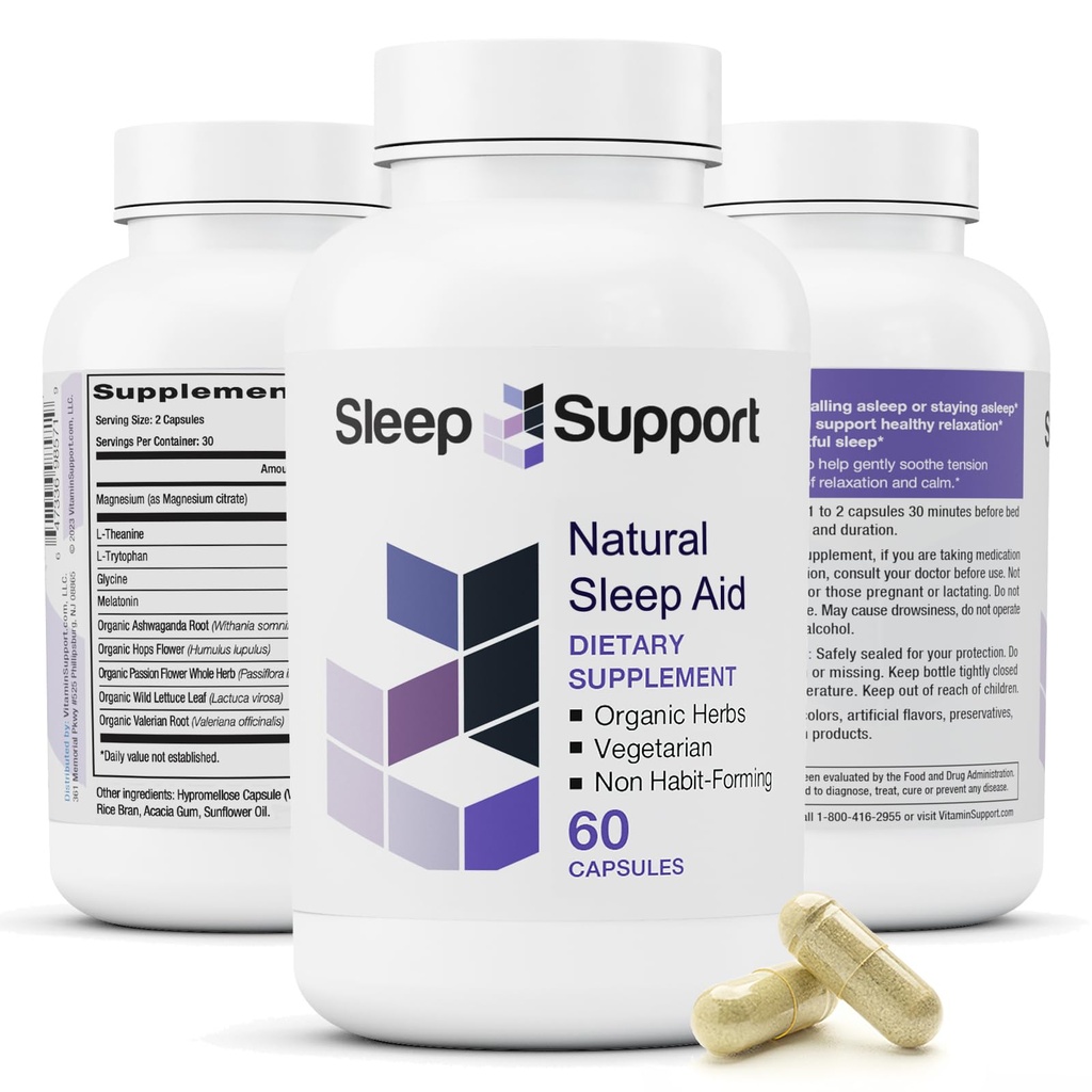 SleepSupport - Naturlig sovehjælp til voksne til at hjælpe med at fremme ro og afspænding - Økologisk søvn supplement med Ashwagandha, Valerian Root, Magnesium, Melatonin, Glycin, L- Tryptophan - 60 kapsler