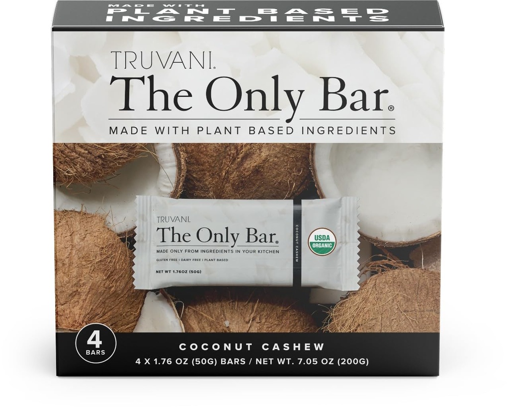 Truvani Plant Based Snack Bars 124; Coconut Cashew 4 Packhew 124; 5g Protein Mezzogiorno 124; USDA Organic and Vegan Mezzogiorno 124; Dairy, Soy og Gluten Free Mezzogiorno 124; Individuelt indpakket