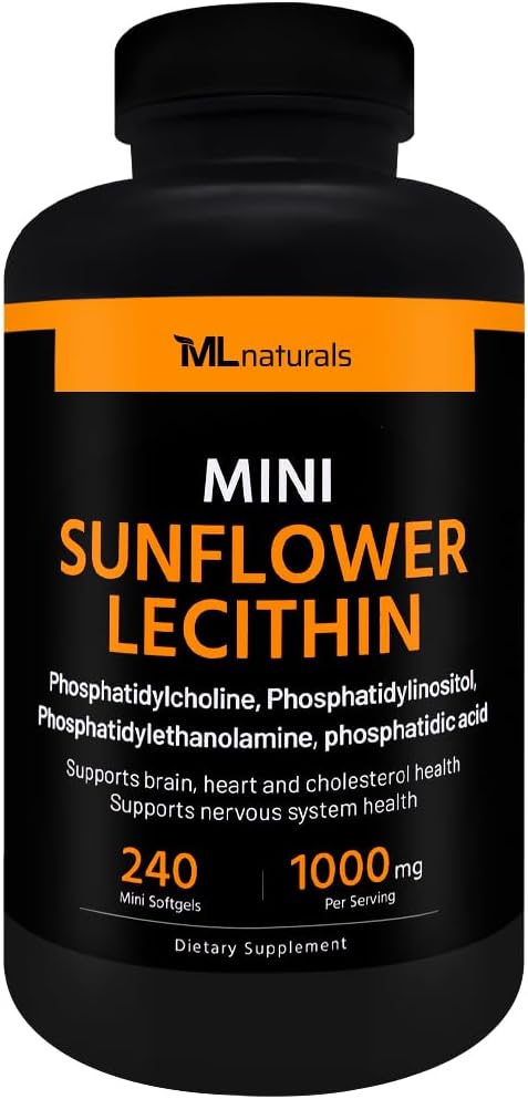 ML Naturals Mini Sunflower Lecithin 240 Softgels. Phosphatidylcholin, Phosphatidyllinositol, Phosphatidylthanolamin, Phosphatidinsyre, NSF- Certificeret & cGMP- Compliant
