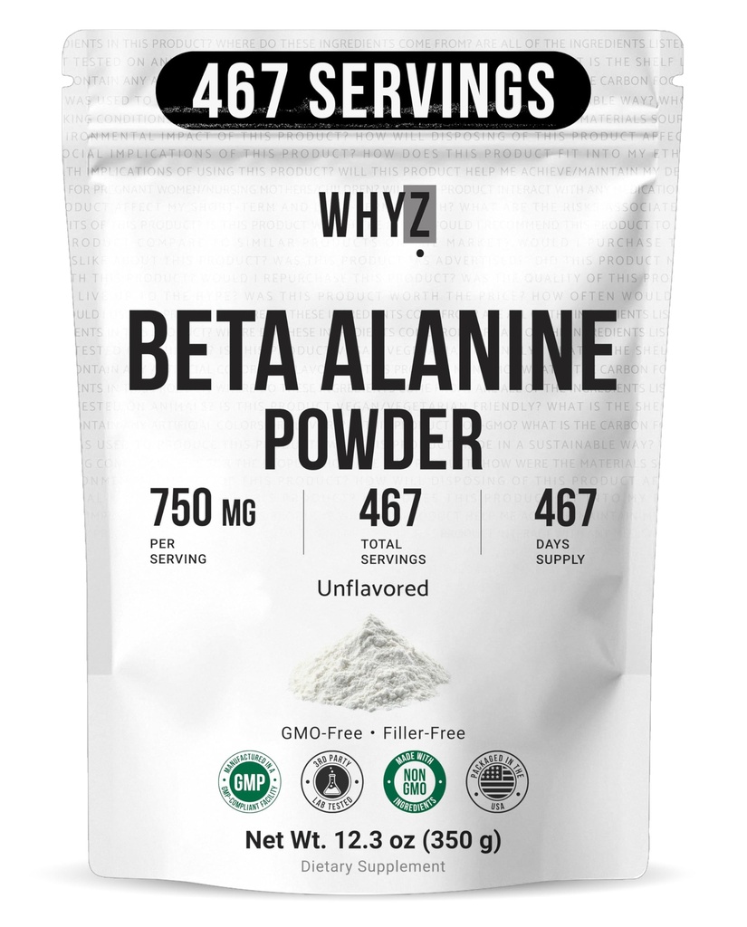 WHYZ Beta alanine pulver Pure Beta alanine Pre- workout supplement for vedvarende energi til mænd og kvinder, Alanine supplement for Endurance, 467 Servering, 350g (12,3 lb)