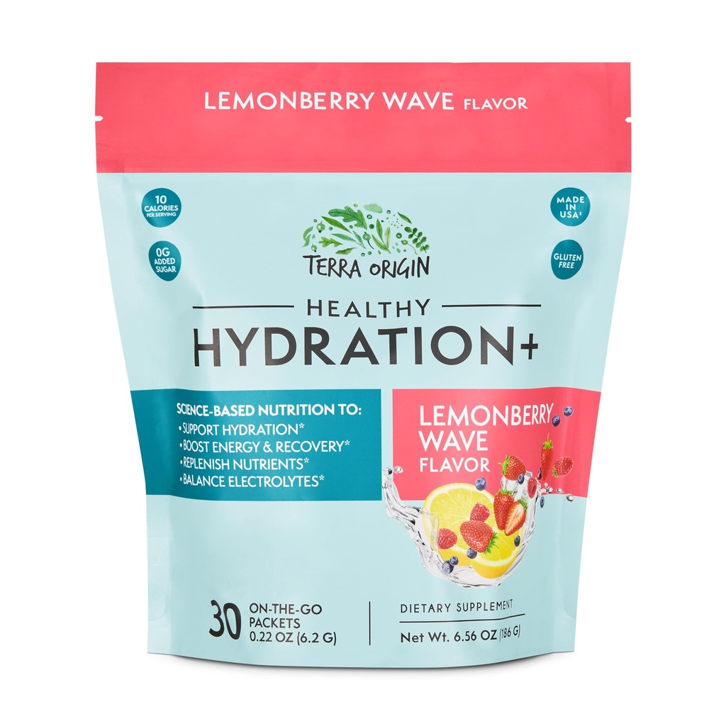 TERRA ORIGIN Healthy Hydration+ Weekend Recovery | 30 Packets | Zero Sugar Powder Drink for Energy and Recovery | Lemonberry Wave