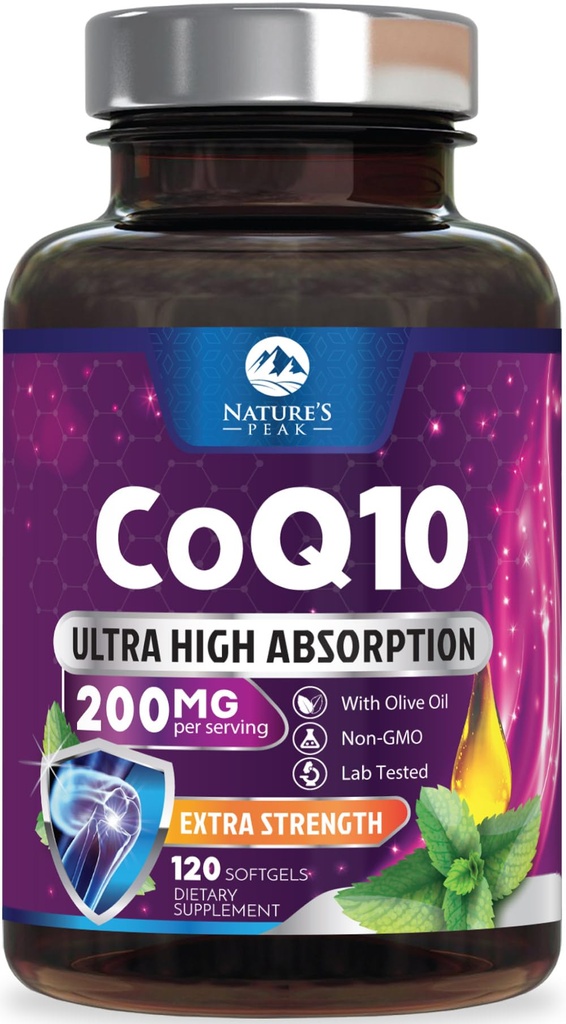 CoQ10 Softgels - Ultra High Absorption Coenzyme Q10 200mg Per Serving - Co Q 10 Softgel Supplement With Black Pepper, Energy & Heart Support Antioxidant - for Women & Men, Bottled USA - 120 Softgels