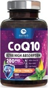 CoQ10 Softgels - Ultra High Absorption Coenzym Q10 200mg Per Serving - Co Q 10 Softgel tillæg med sort peber, Energi & Heart Support Antioxidant - for kvinder og mænd, Flasket USA - 120 Softgels