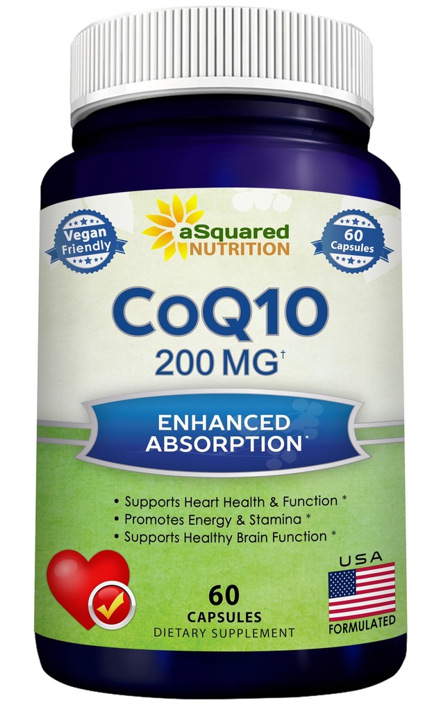 aSquared Nutrition CoQ10 200mg - 60 kapsler - CO Q 10 tillæg - Coenzym Q10 Ubiquinone piller - Vegan CoQ- 10 Ekstra antioxidant Vitamin - Alternativ til Softgels & Gummies