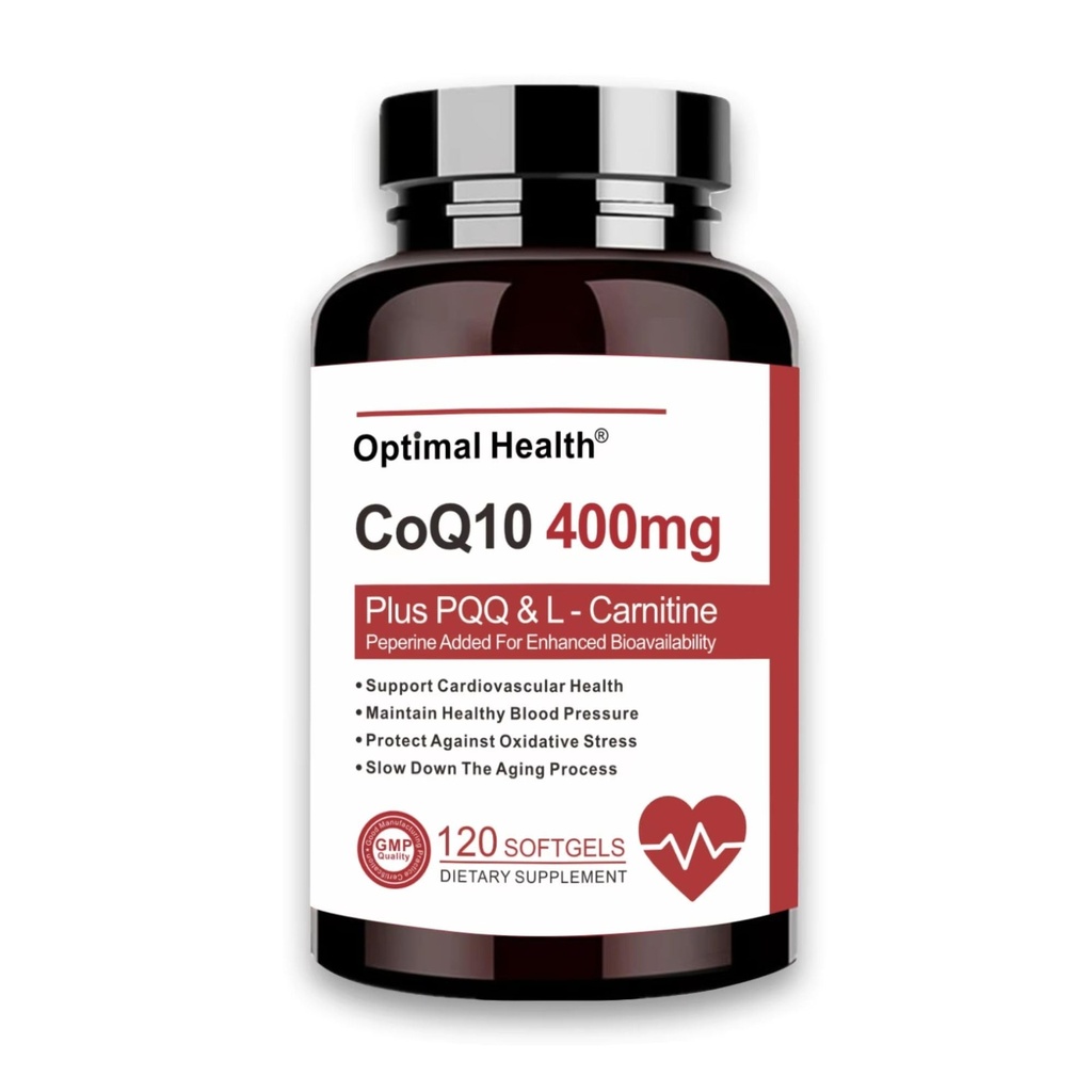CoQ10 400mg Softgel, BioPerine for Better Absorption + L- Carnitin, PQQ & Omega3s, Antioxidant for Heart Health & Energy Production, Coenzym Q10 Vitamin og kosttilskud, 120 Servere