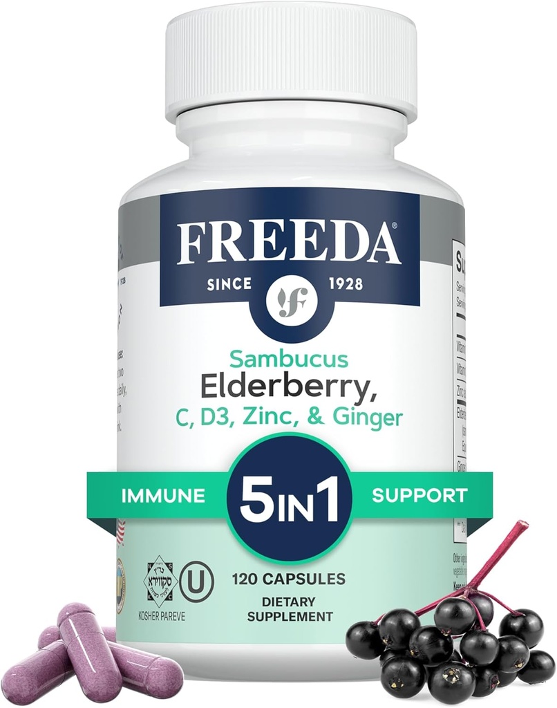 FREEDA Sambucus Elderberry med C-vitamin, zink, D3-vitamin & Ginger - 5 i 1 urteantioxidant immunsupport supplement til kvinder & mænd - Gluten Free Adult Elderberry Kapsler, USA Made (120 Greve)