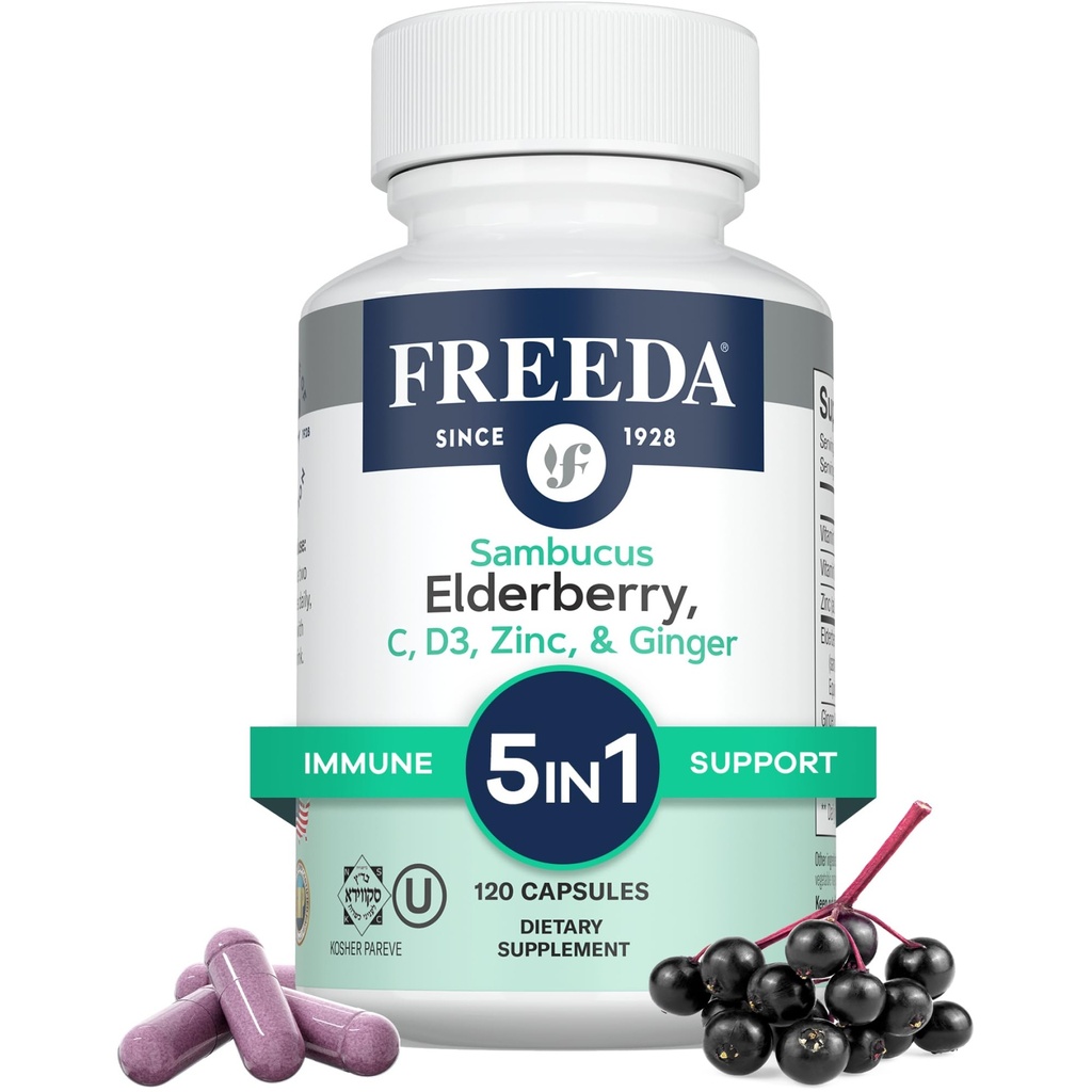 FREEDA Sambucus Elderberry med C-vitamin, zink, D3-vitamin & Ginger - 5 i 1 urteantioxidant immunsupport supplement til kvinder & mænd - Gluten Free Adult Elderberry Kapsler, USA Made (120 Greve)