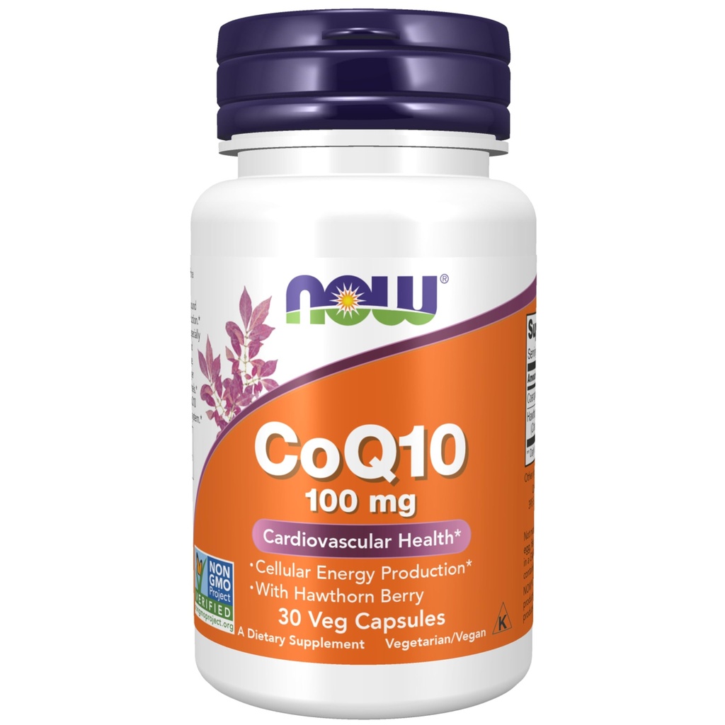Now Foods Supplements, CoQ10 100 mg med Hawthorn Berry, Pharmaceutical Grade, All- Trans Form produceret af Fermentation, 30 Veg kapsler