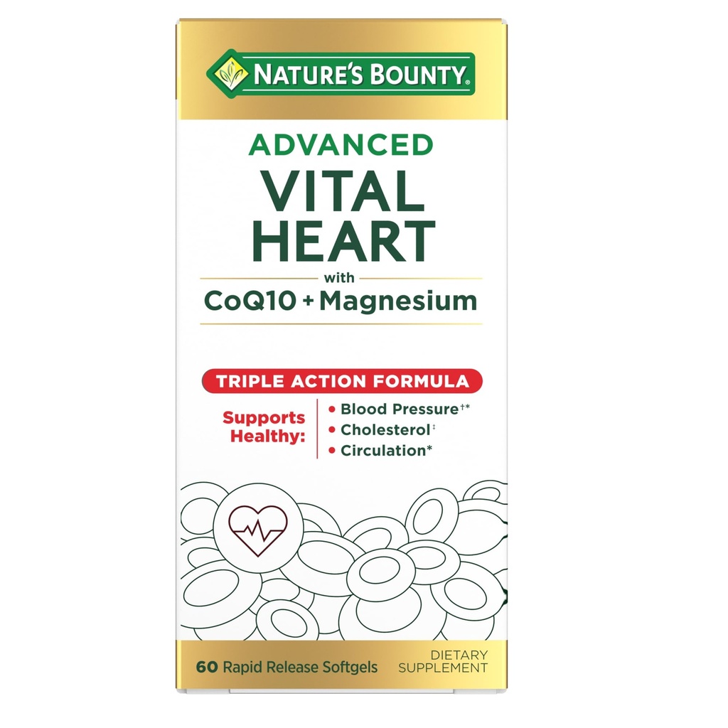 Nature’s Bounty Advanced Vital Heart with CoQ10 + Magnesium, Antioxidant, Supports Healthy Blood Pressure, Cholesterol, Circulation, Triple Action Formula, CoQ10, Magnesium Supplement, 60 Softgels