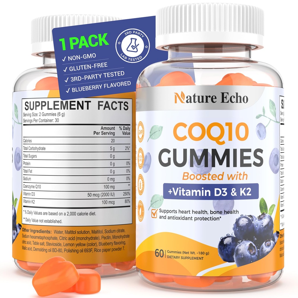Nature Echo ® CoQ10 Gummies 100mg, CoQ10 Supplement med vitamin D3 & K2, Coenzym Q10 Supplement Blueberry Flavor, Sugar Free, Heart Health, Knoglestøtte & Antioxidant, Vegan, Non- GMO 60 Gummies