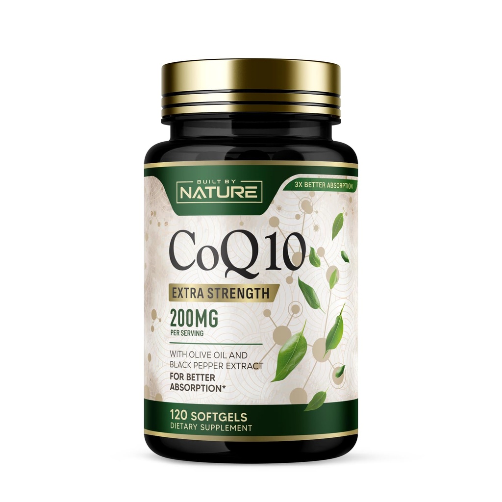 Bygget af Nature CoQ10 200 mg - Coenzym Q10 med olivenolie og sort peber til høj absorption - Understøtter hjertets sundhed & energi - Antioxidant Supplement- 2 måneder Supply, 120 Softgels