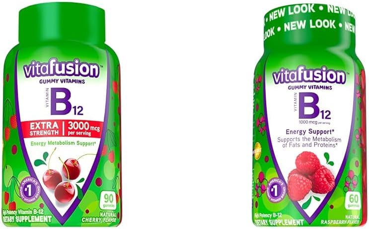 Viafusion Vitamin B12 Gummy Vitamin til energi Metabolisme Support, Cherry og Raspberry Smagen, Amerikas nummer 1 Mærke, 90 og 60 Greve
